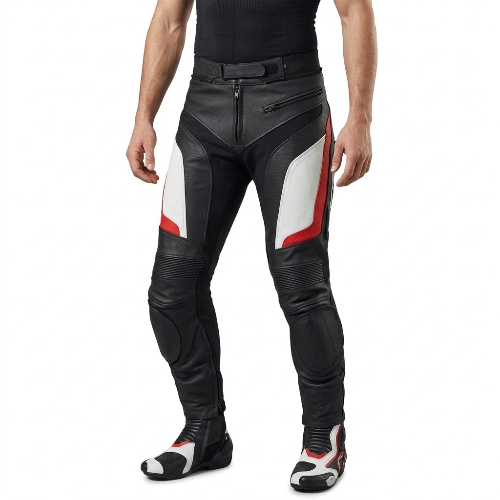 Leather Motorcycle Racing Pant – Black/White/Red