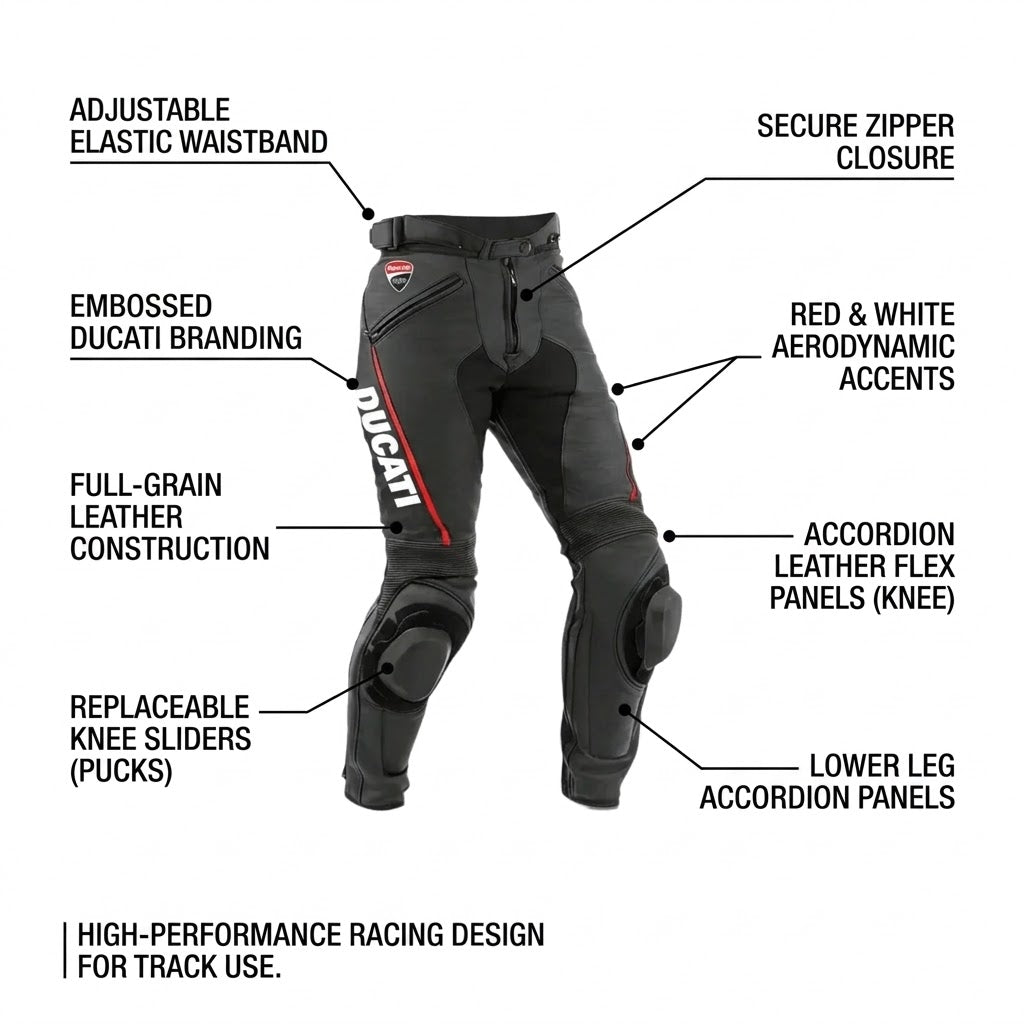 Ducati Corse Leather Motorcycle Racing Pant – Black/Red