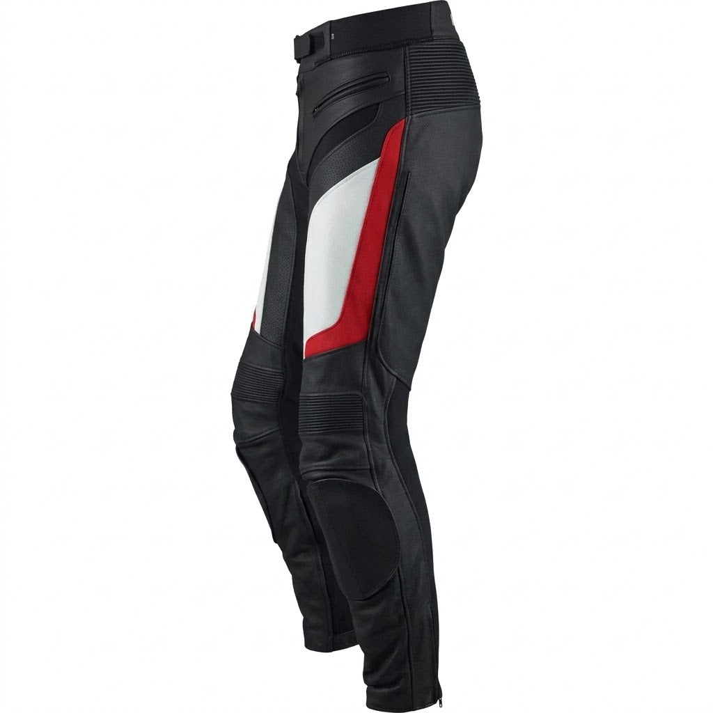 Black leather motorcycle pants with white and red side panels, shown from a side profile view on a white background.