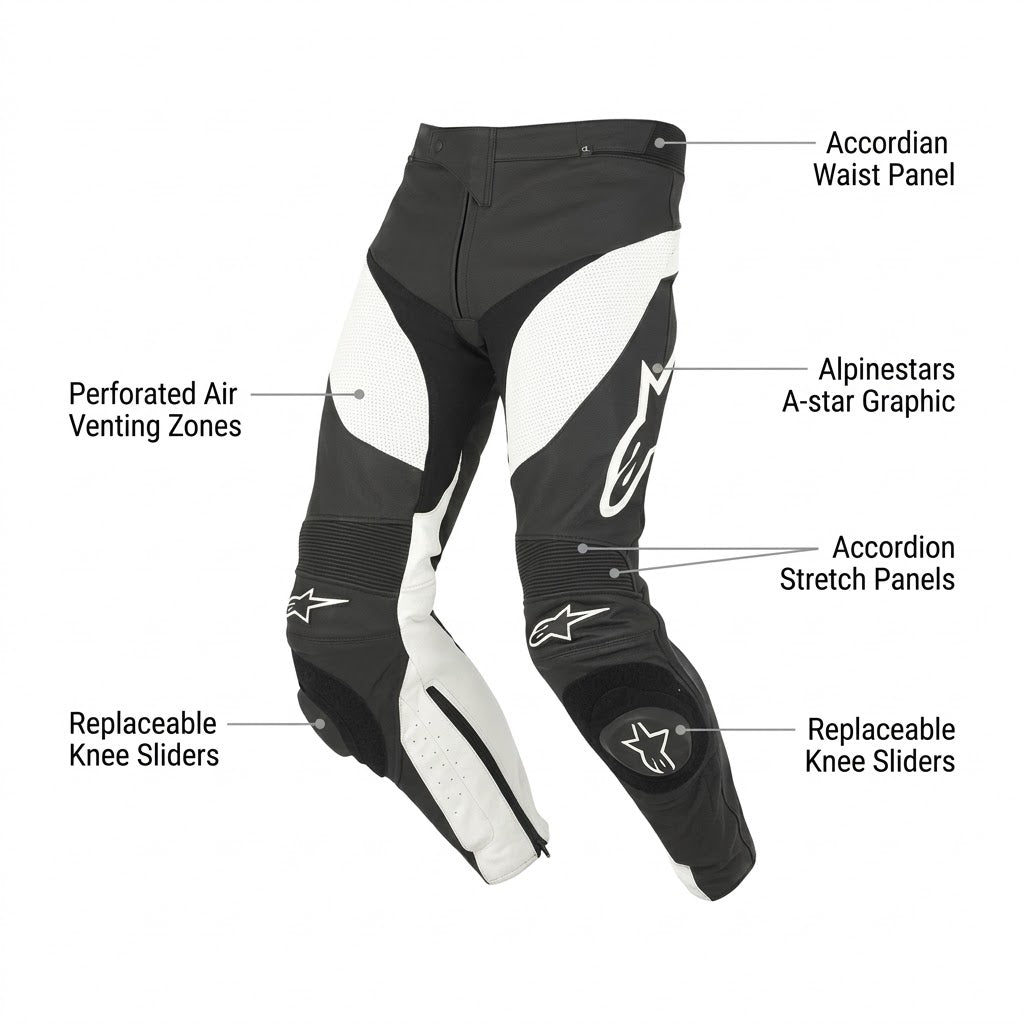 Black and white Alpinestars motorcycle riding pants with callout lines and text labels pointing out features like accordion waist panel, perforated air venting zones, Alpinestars A-star graphic, accordion stretch panels, and replaceable knee sliders.
