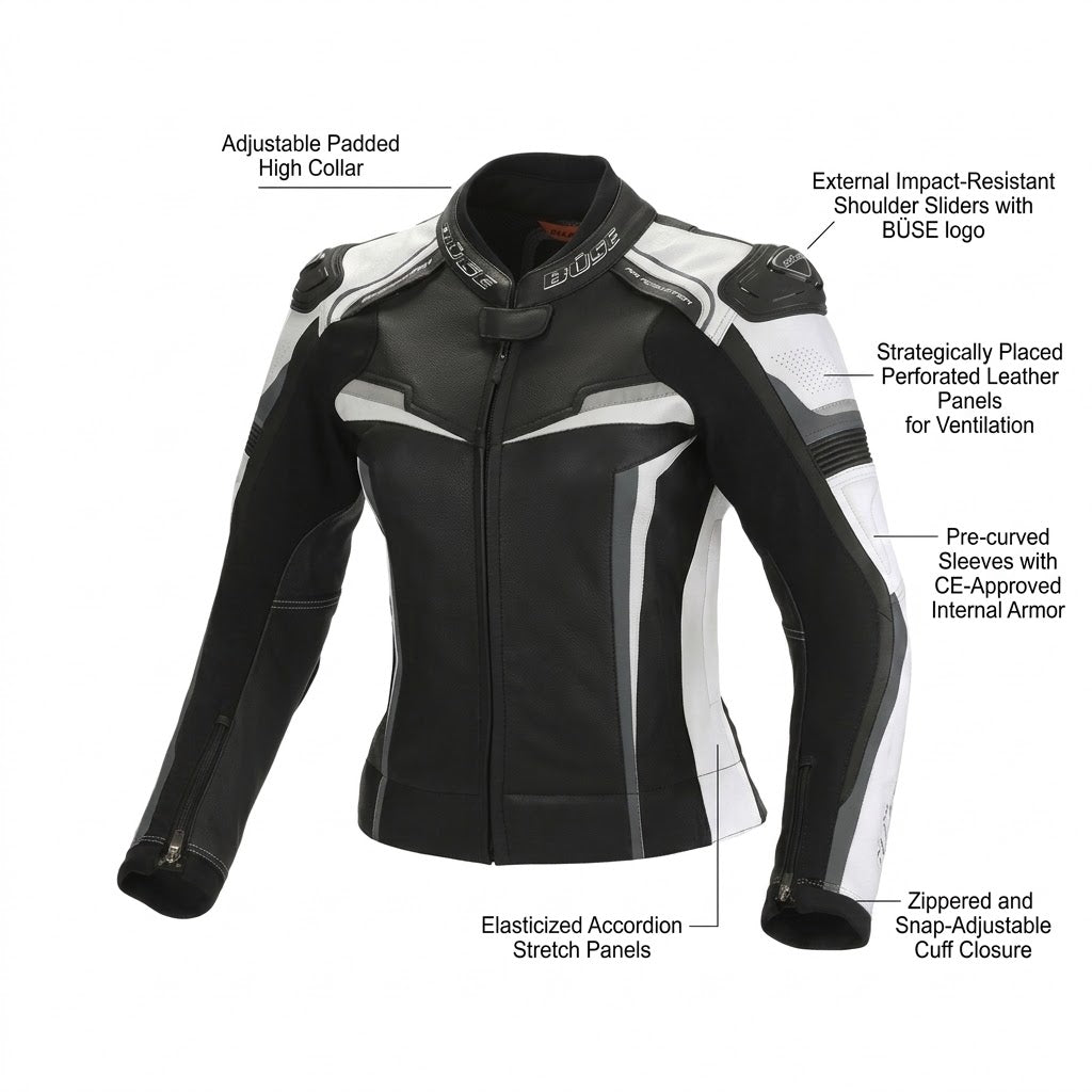 Büse Revolution Women’s Leather Motorcycle Jacket – Black/White/Grey