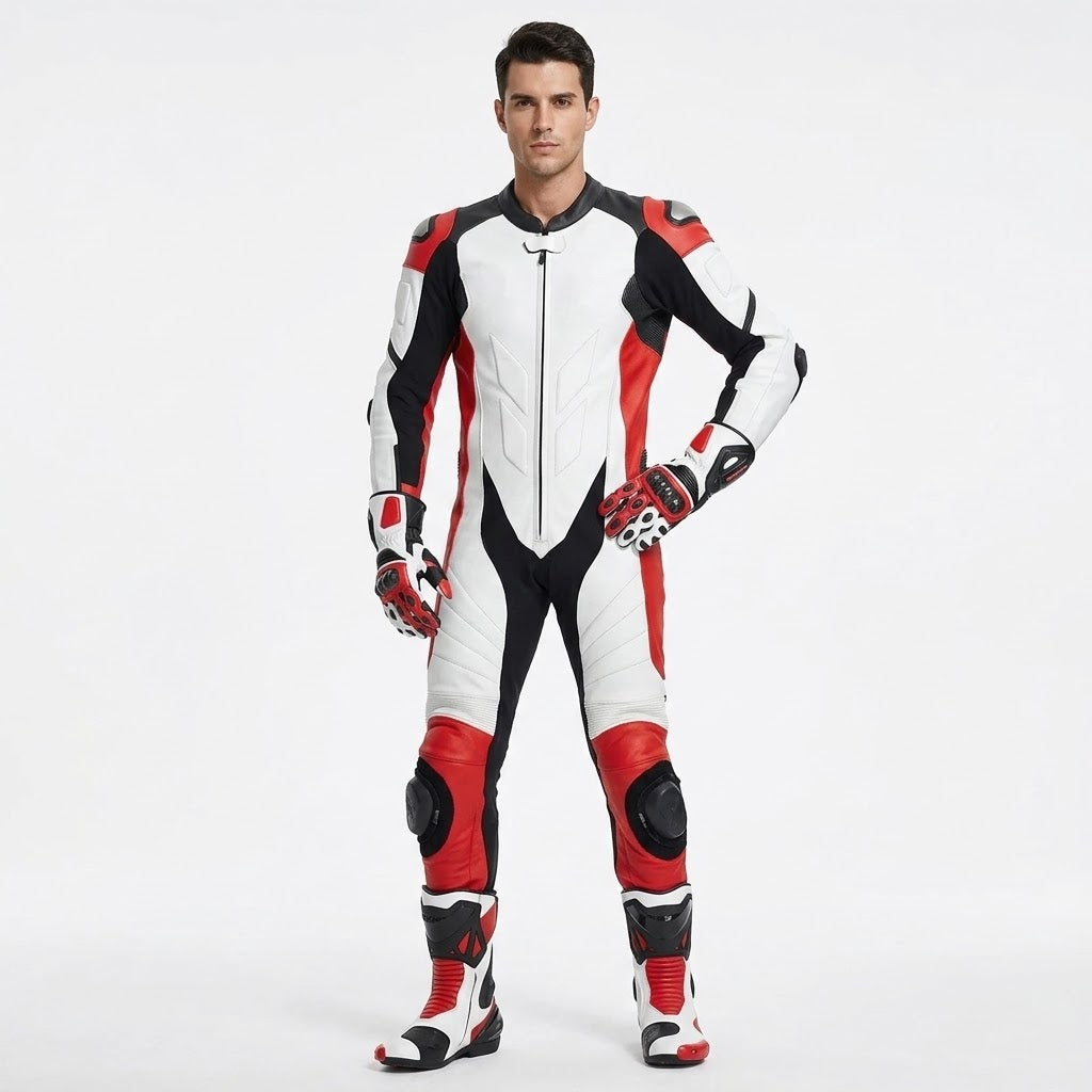 Eagle Moto MotoGP Leather Racing Bundle – One-Piece Suit, Gloves & Boots | White/Red/Black