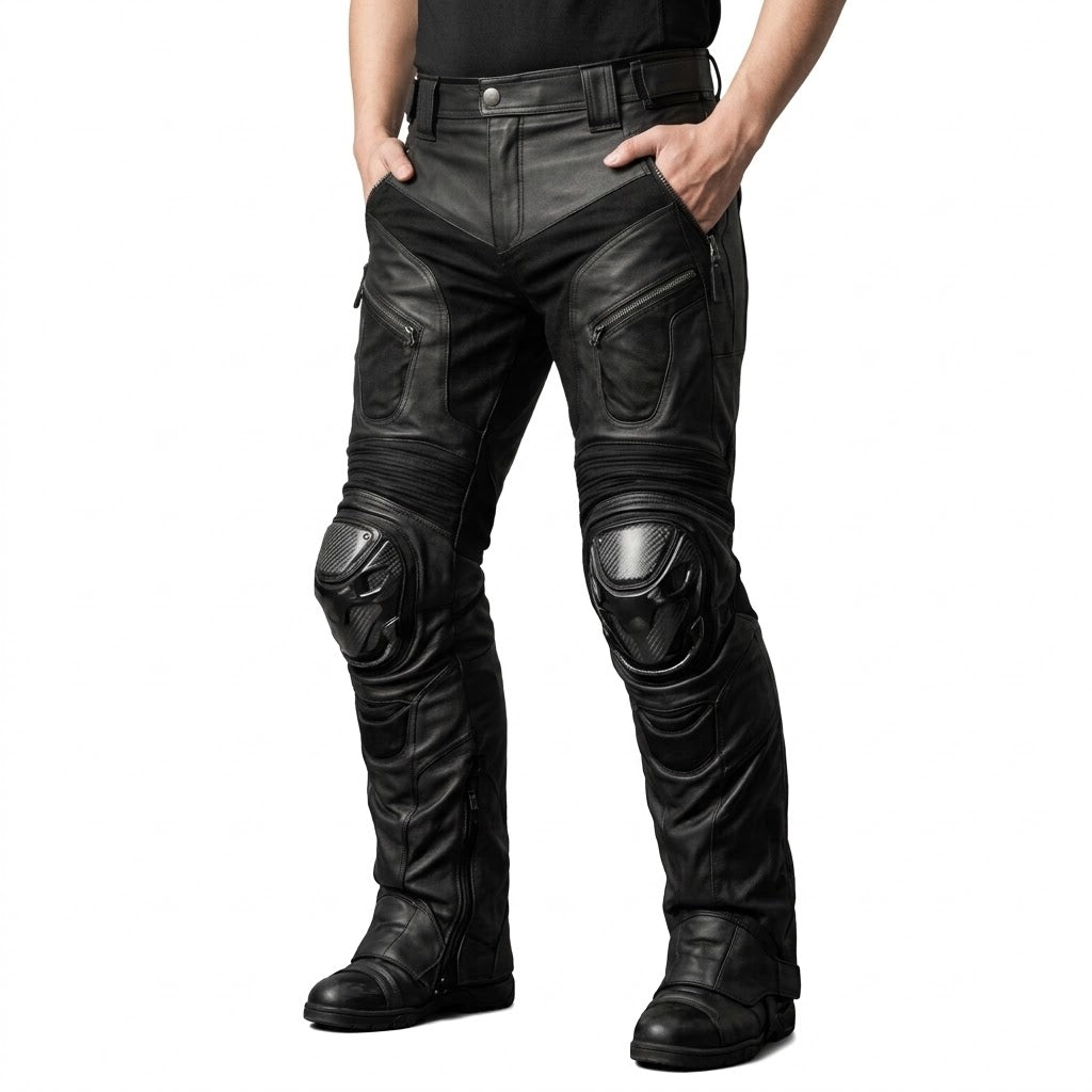 Black leather motorcycle pants with integrated knee armor and zippered utility pockets, shown on a model from the waist down against a white background.