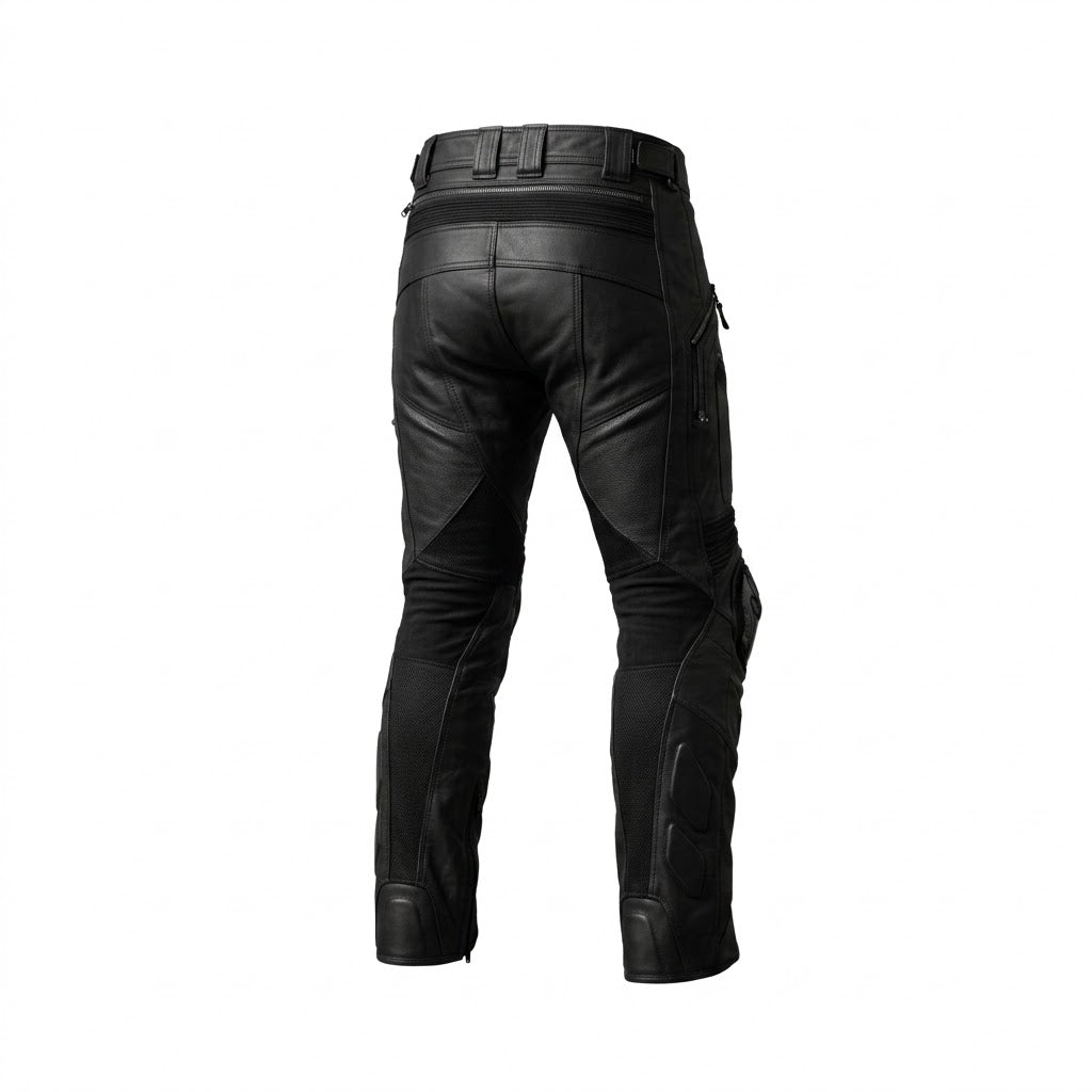 Black leather motorcycle pants shown from the rear, featuring reinforced panels and a belt loop waist, on a solid white background.