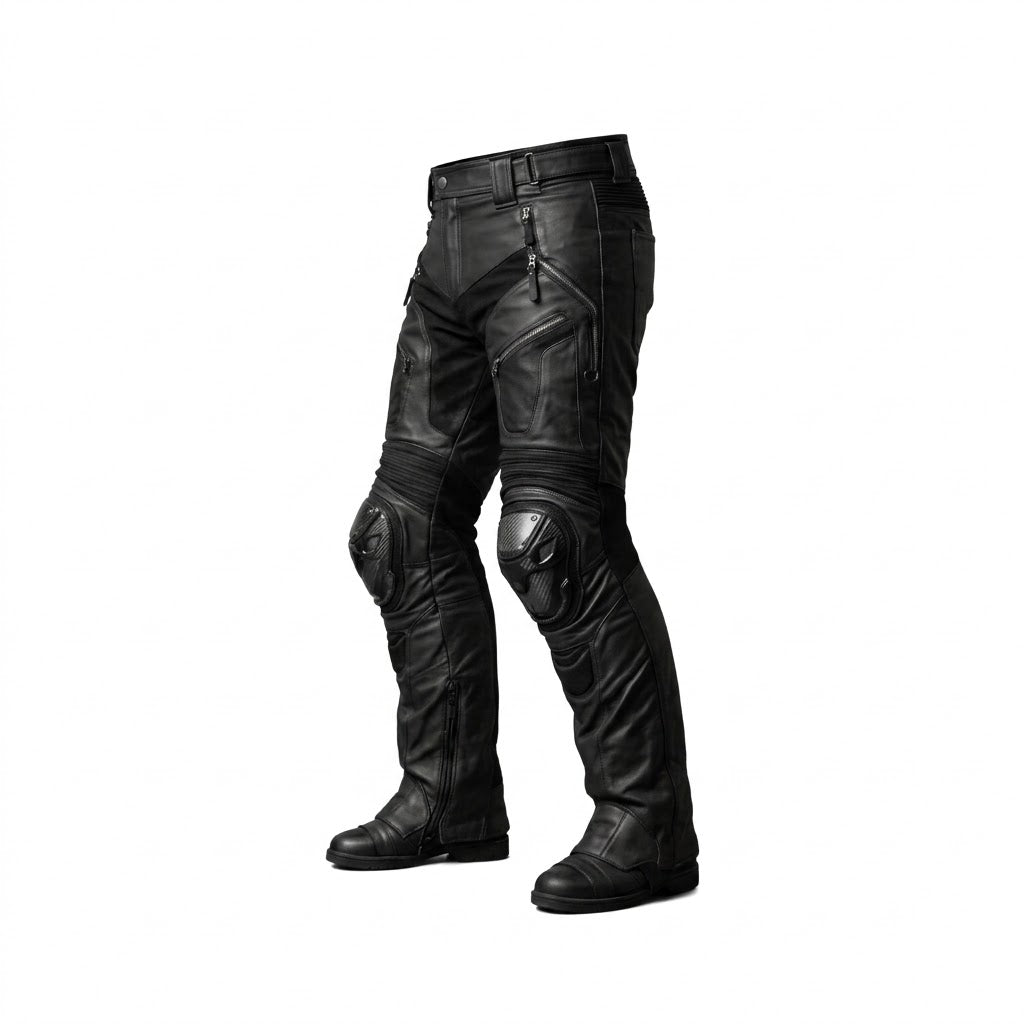 Black leather motorcycle pants with integrated knee and shin protection, shown on a white background.