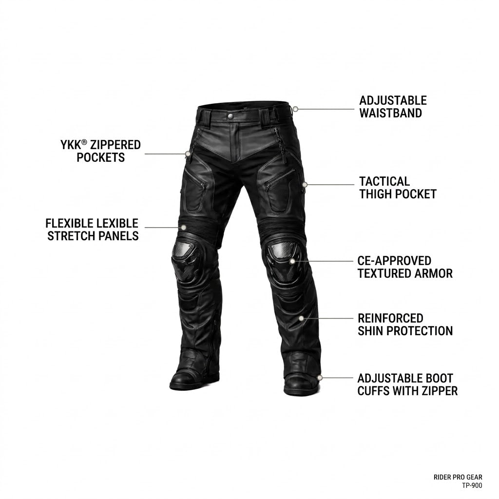 Black leather motorcycle pants with multiple callout labels pointing to features such as adjustable waistband, YKK zippered pockets, tactical thigh pocket, flexible stretch panels, knee armor, reinforced shin protection, and adjustable boot cuffs, on a white background.