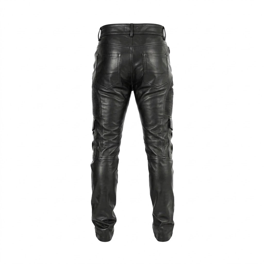 Black leather motorcycle pants shown from the back, featuring quilted side panels and a zippered rear pocket, on a solid white background.
