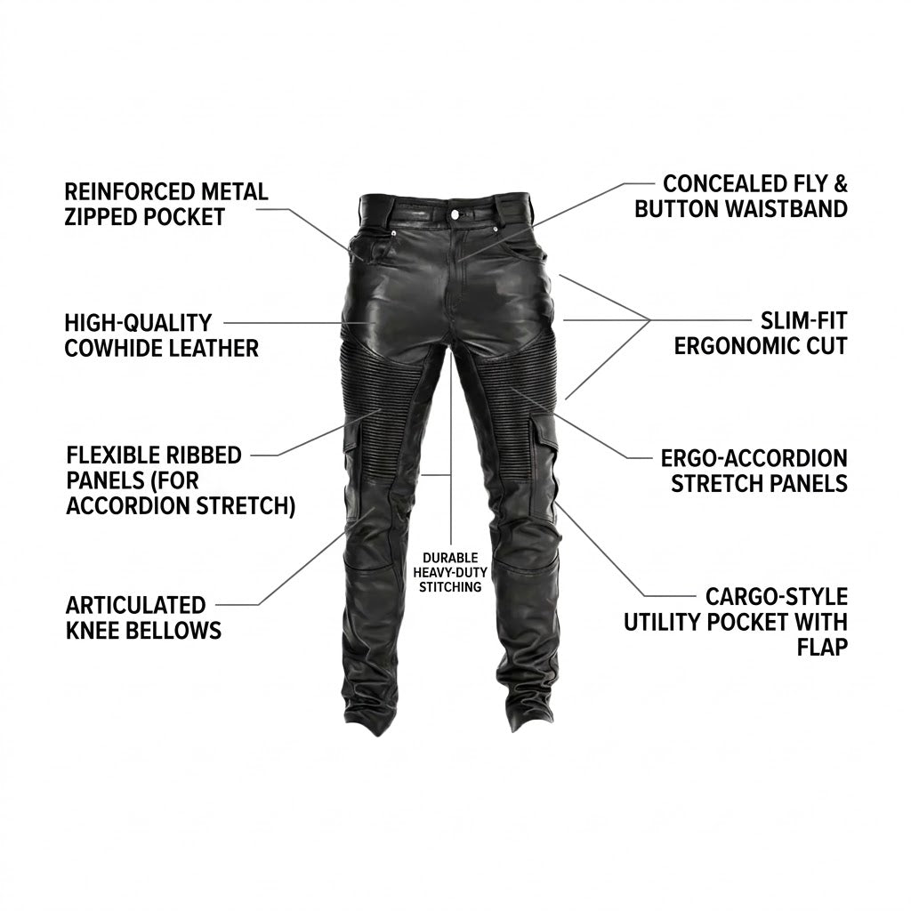 Black leather motorcycle pants shown on a white background with multiple callout labels pointing to features such as reinforced metal zipped pocket, high-quality cowhide leather, flexible ribbed panels, articulated knee bellows, and cargo-style utility pocket with flap.