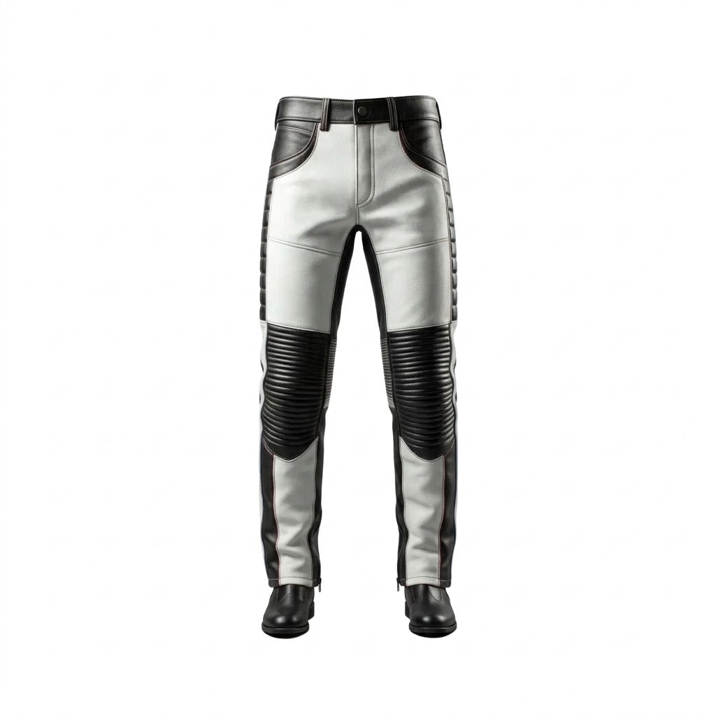 A pair of silver and black leather motorcycle pants with integrated knee protectors and a matching black belt, shown on a plain white background.