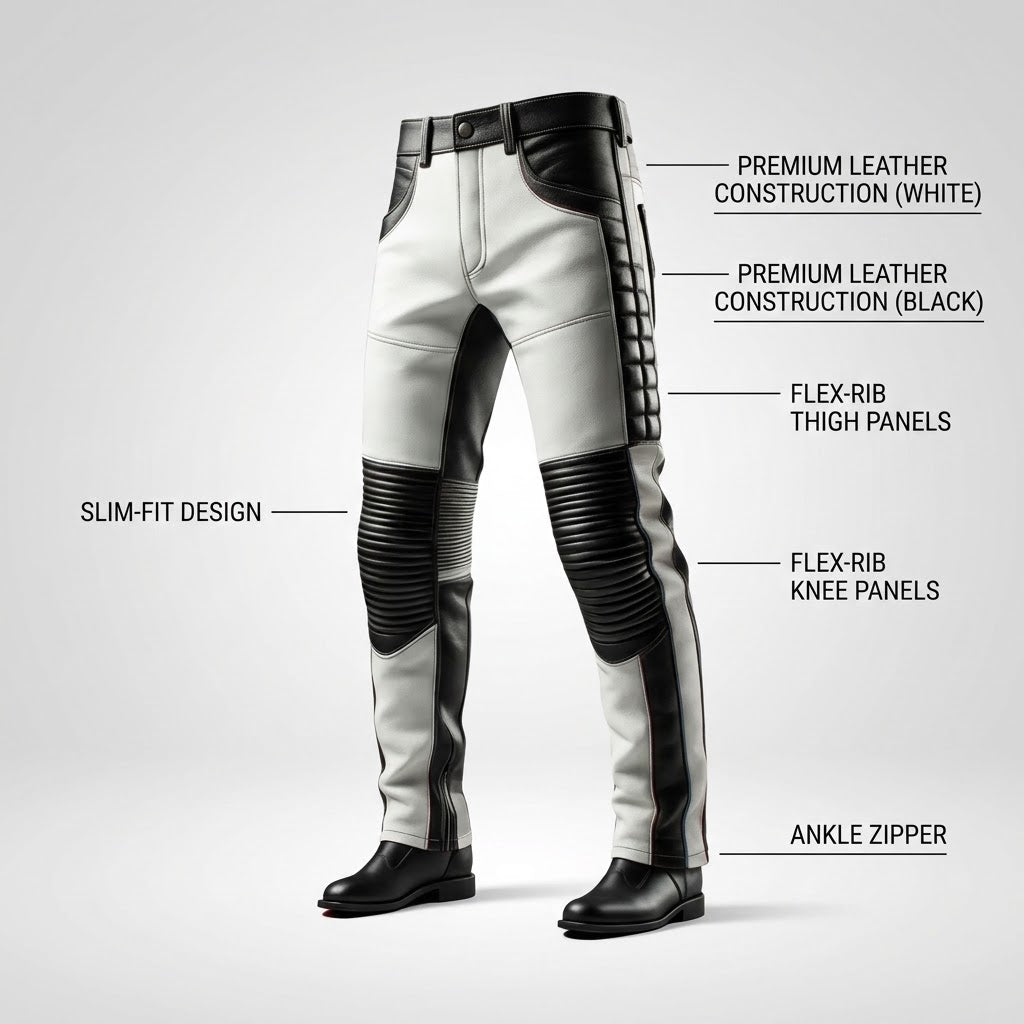 White and black leather riding pants shown on a mannequin lower body with callout labels pointing to features such as premium leather construction, slim-fit design, flex-rib thigh and knee panels, and ankle zipper.