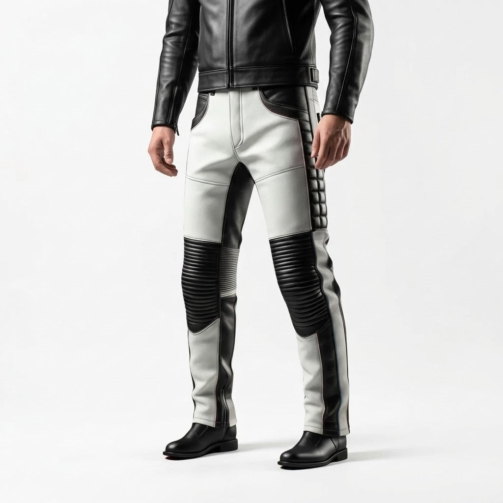 A model wearing futuristic black and white leather pants with ribbed knee panels and a black leather jacket, shown from the waist down on a white studio background.