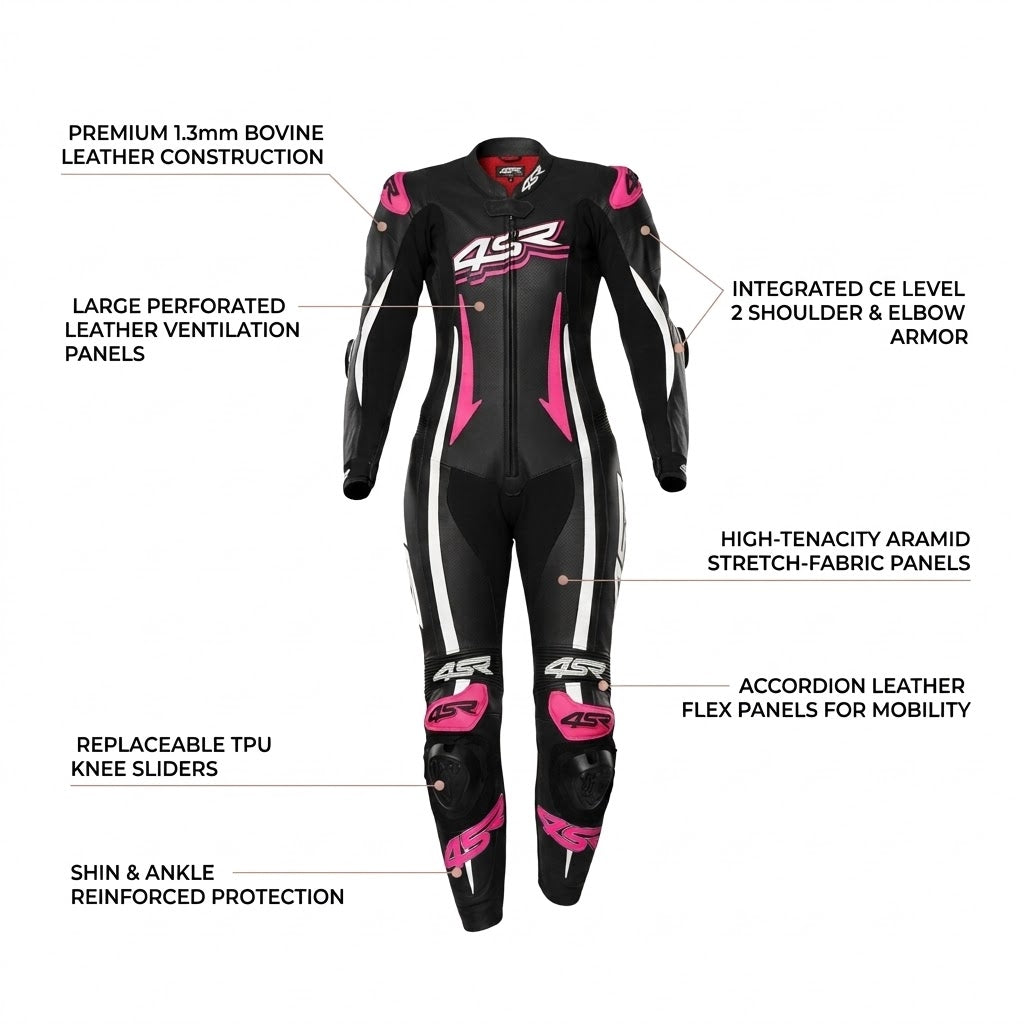 4SR Women's Leather Motorcycle Racing Suit – Black, Pink & White