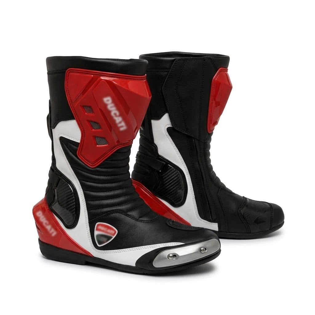 Ducati Corse Leather Racing Bundle – Suit, Gloves & Boots | White/Red/Black