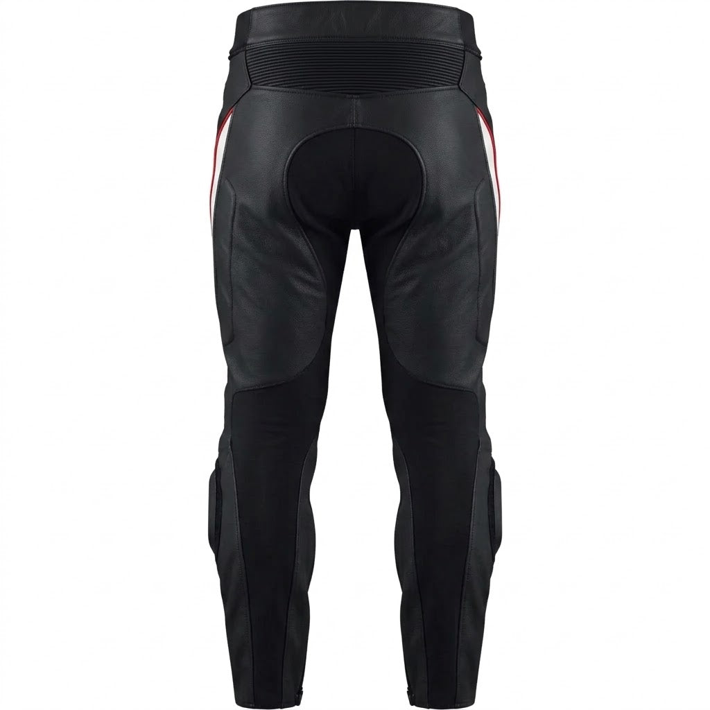 Black leather motorcycle pants with protective padding and red side accents, shown from the back on a white background.