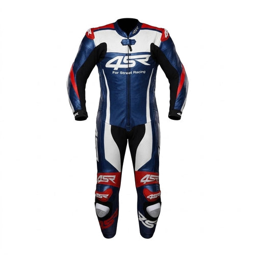 4SR For Street Racing Men's Motorcycle Racing Leather Suit — Navy Blue, White & Red
