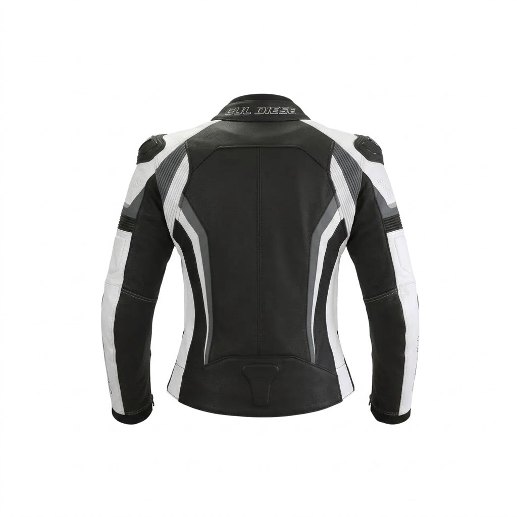 Büse Revolution Women’s Leather Motorcycle Jacket – Black/White/Grey