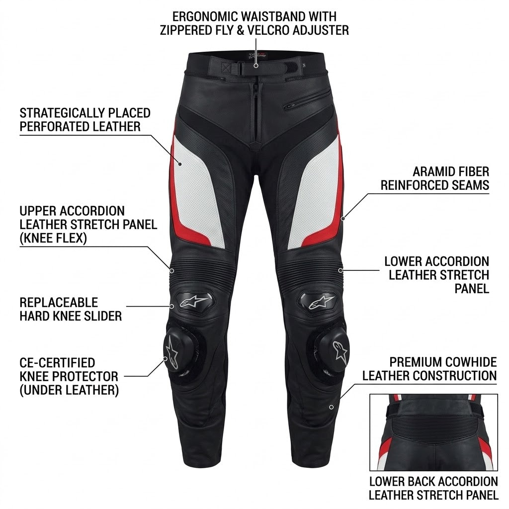 Leather Motorcycle Racing Pant – Black/White/Red