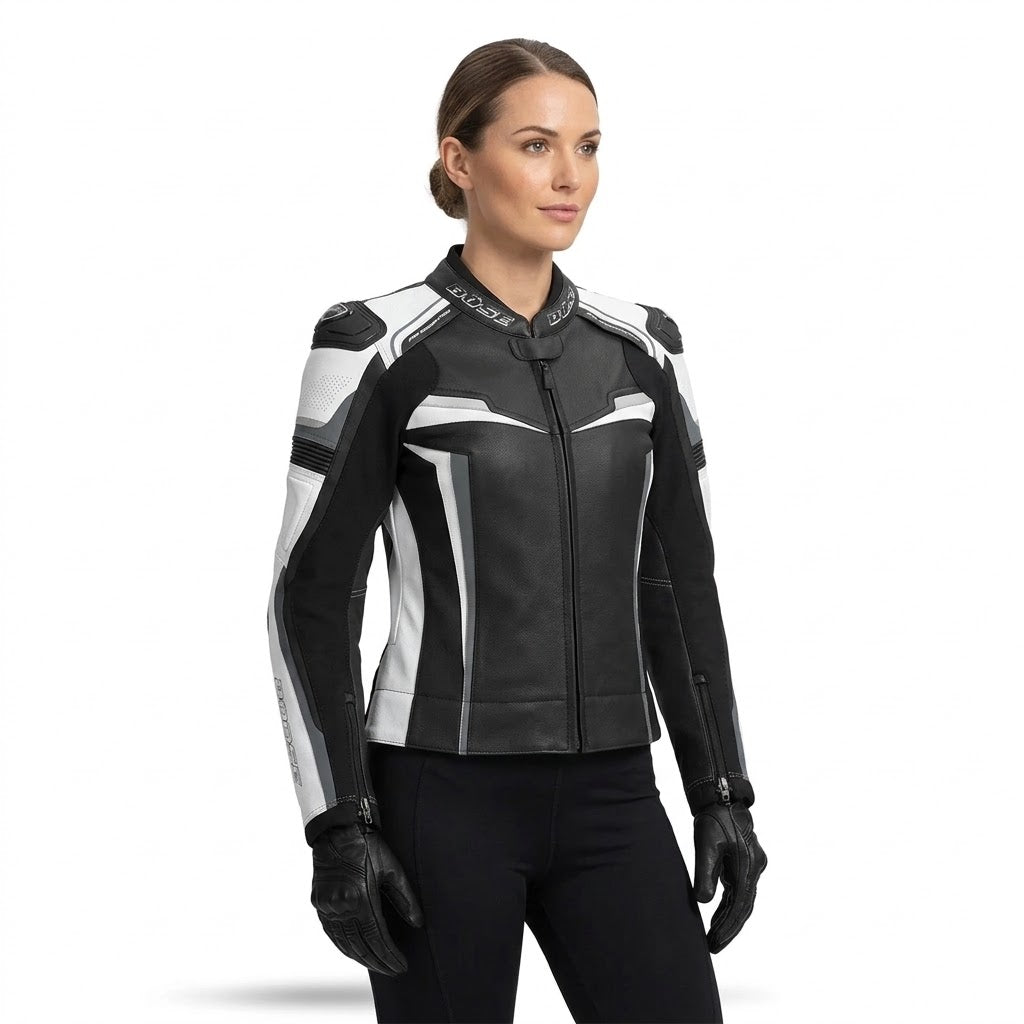 Büse Revolution Women’s Leather Motorcycle Jacket – Black/White/Grey