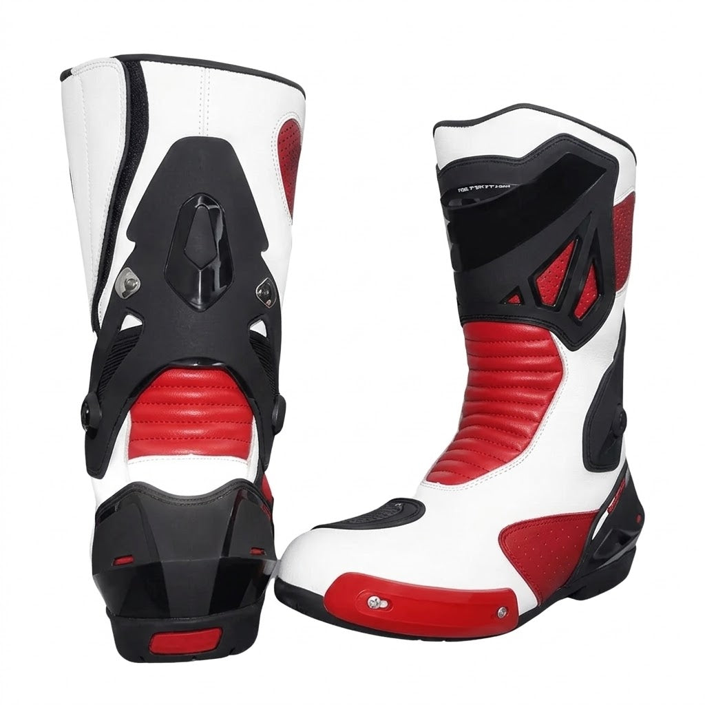 Eagle Moto MotoGP Leather Racing Bundle – One-Piece Suit, Gloves & Boots | White/Red/Black