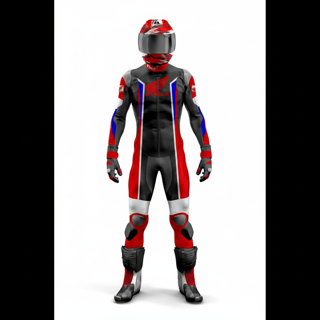 Honda Men's Leather Motorcycle Racing Suit - Black Red White Blue