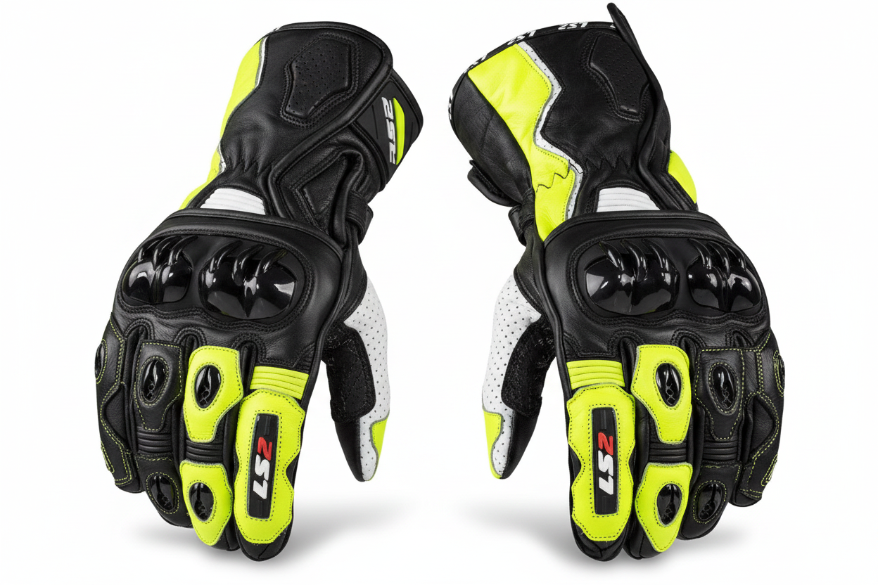 LS2 Motorcycle Racing Gloves Black Neon Yellow White Pair