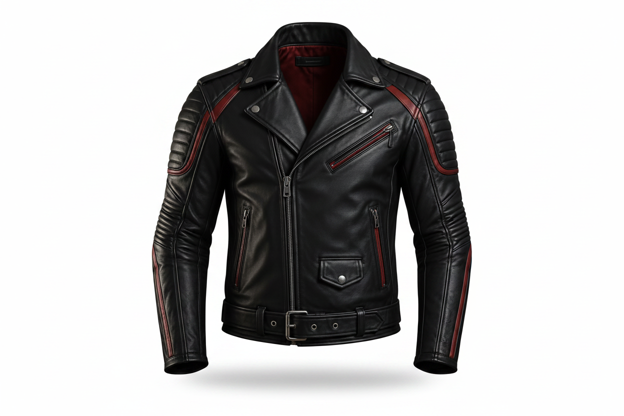 Classic Biker Leather Motorcycle Jacket Black Red Accent