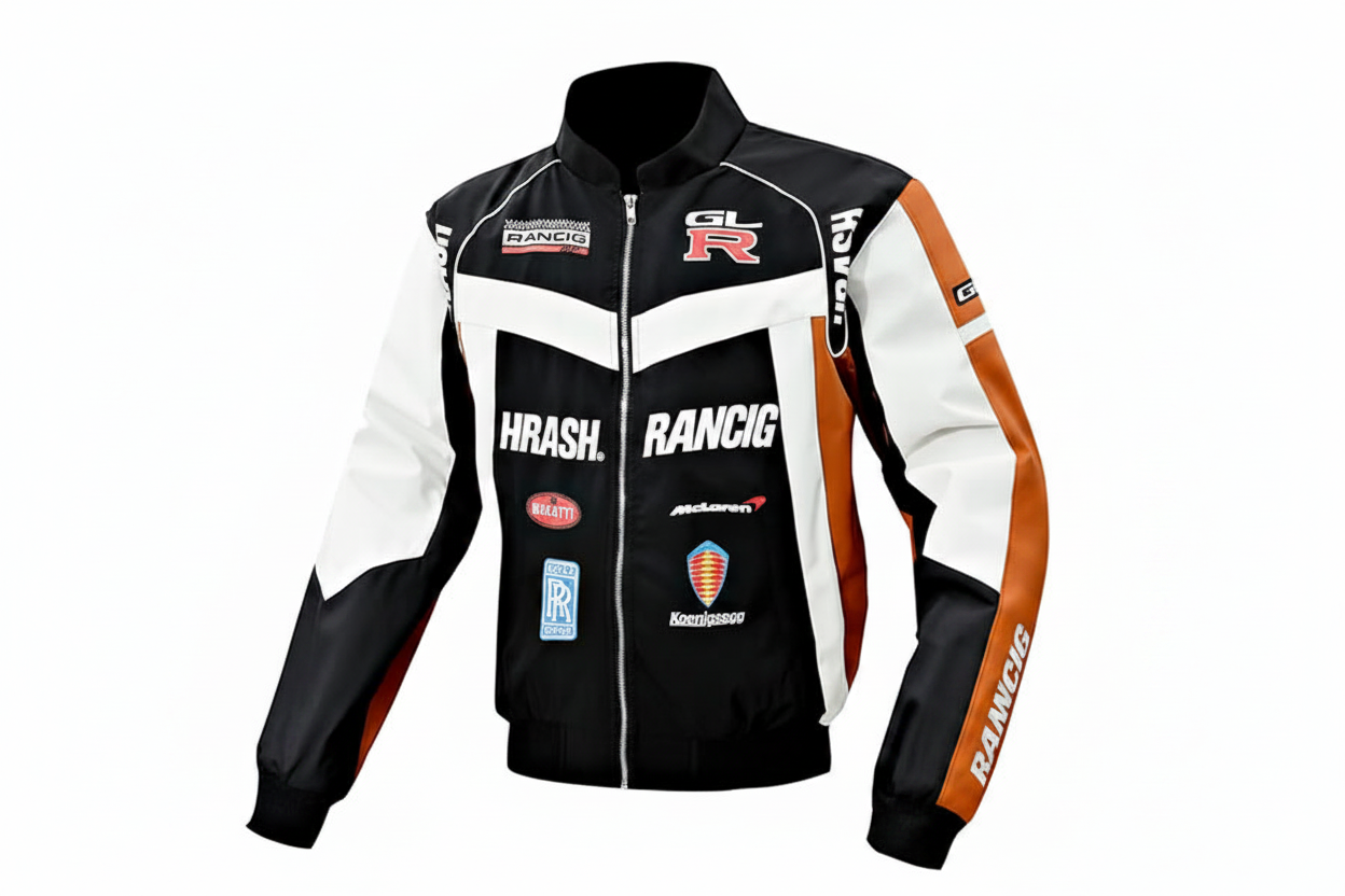 HRASH RANCIG GLR Multi-Brand Racing Leather Jacket Black White Orange