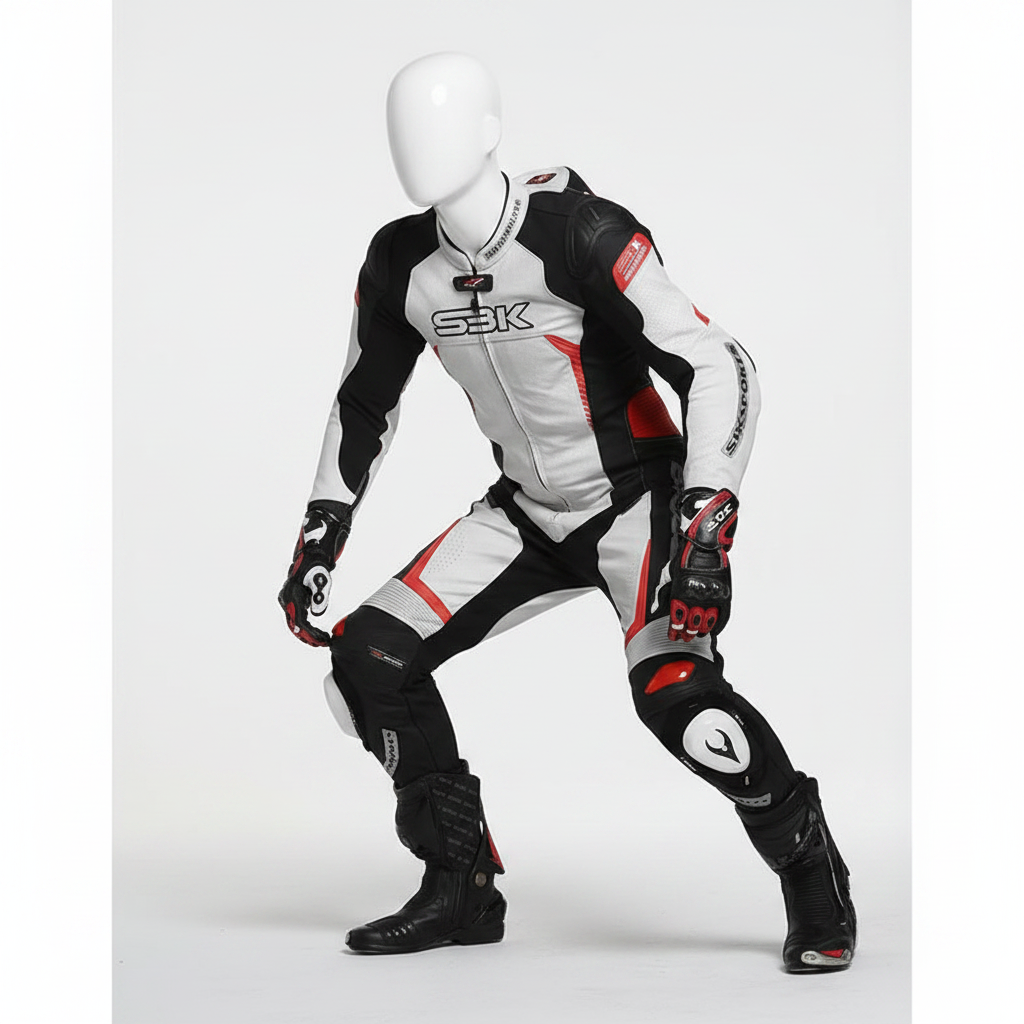 SBK Sports Men's Leather Motorcycle Racing Suit - White Black Red