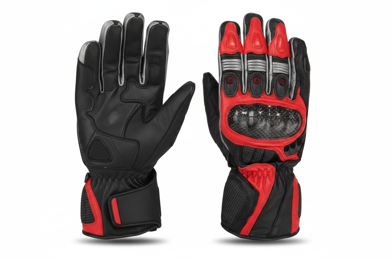 Eagle Moto Motorcycle Racing Gloves Black Red Carbon Fiber Knuckle Chrome Finger Guards Red Finger Caps