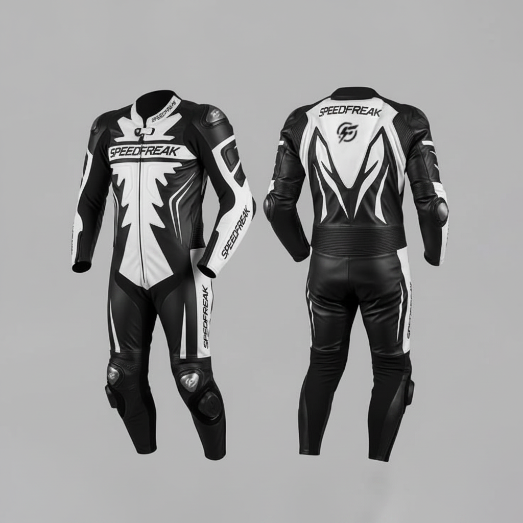 SpeedFreak Men's Leather Motorcycle Racing Suit - Black White Sunburst Front Back View