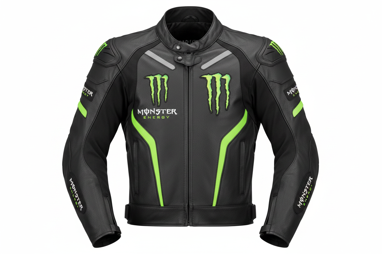 Monster Energy Motorcycle Leather Racing Jacket Black Green Front View