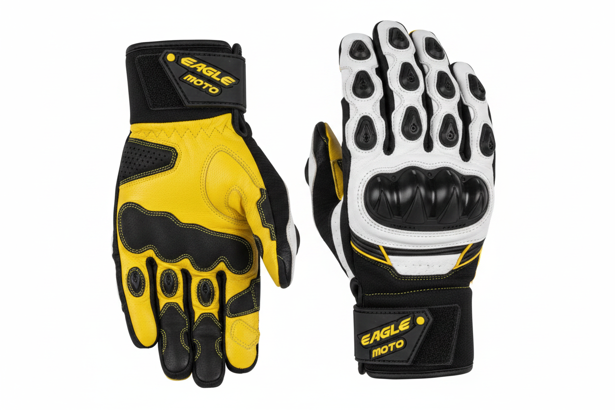 Eagle Moto Motorcycle Racing Gloves Black White Yellow Multi-Dome Knuckle Yellow Leather Palm Pair