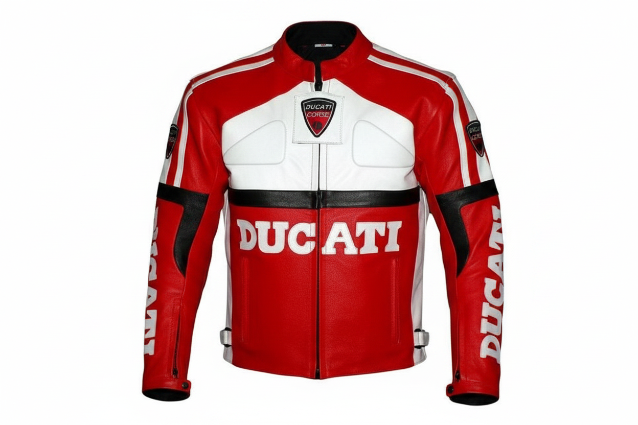 Ducati Corse Classic Leather Motorcycle Jacket Red White