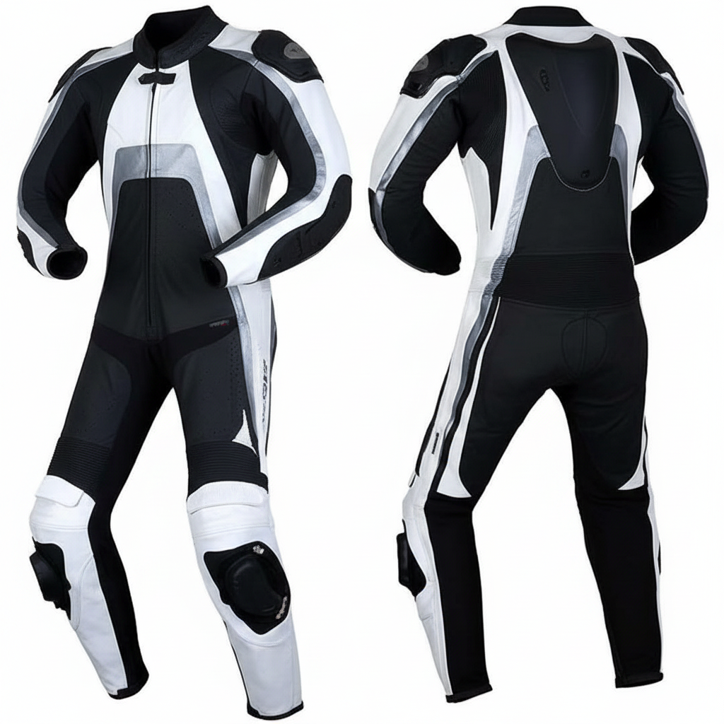 Eagle Moto Storm Rider Men's Leather Motorcycle Racing Suit - Black White Front and Back View