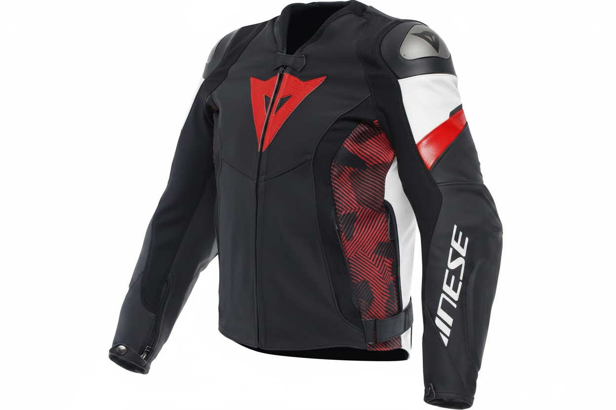 Dainese Sport Leather Motorcycle Jacket Front View Black White Red