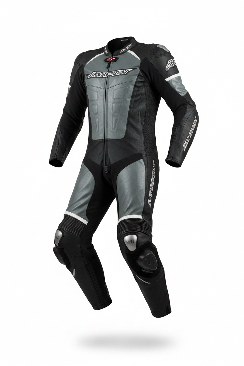Ixon Podium 2 Men's One-Piece Leather Motorcycle Racing Suit Black Grey
