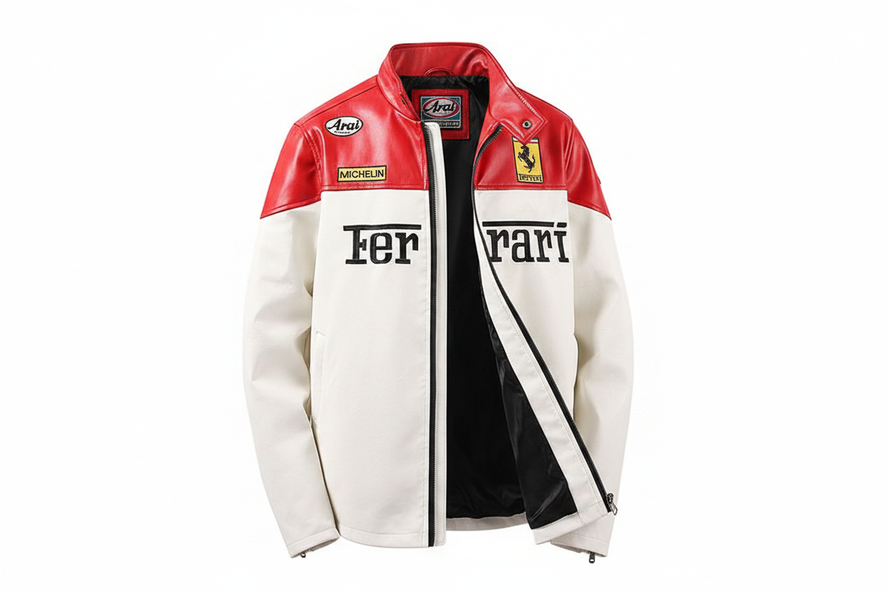 Ferrari Vintage Racing Leather Jacket White Red Arai Michelin Front View