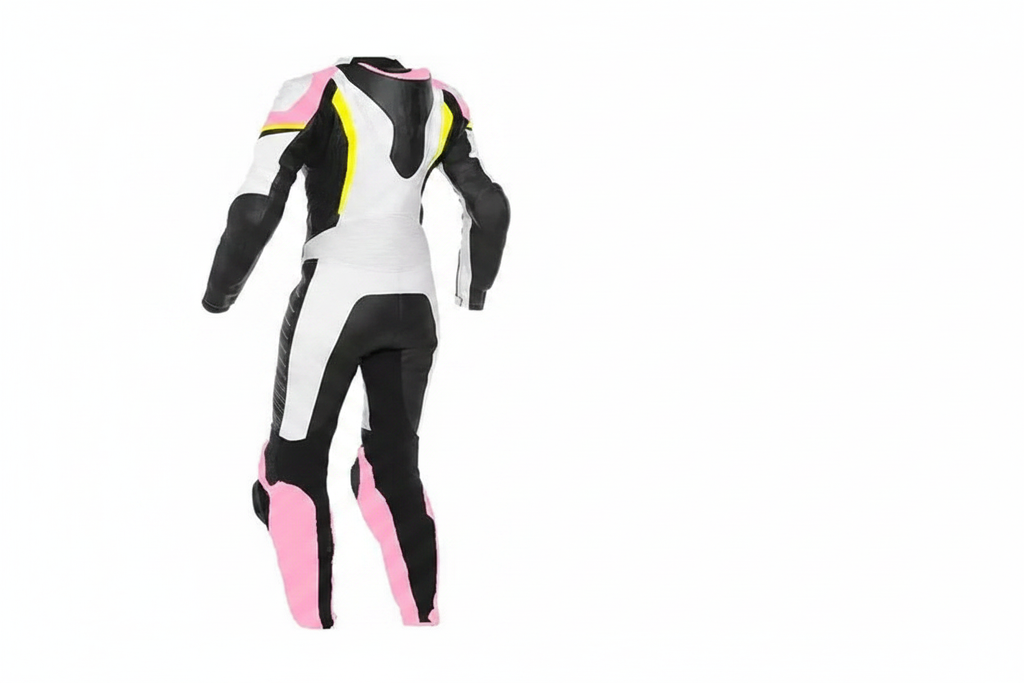 Eagle Moto Women's White Black Pink Yellow Racing Suit Back View