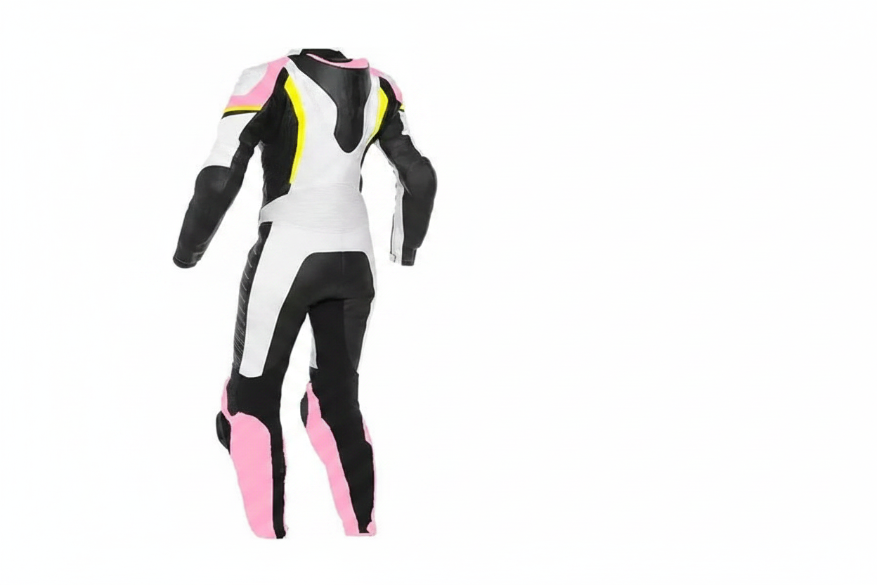 Eagle Moto Women's White Black Pink Yellow Racing Suit Back View