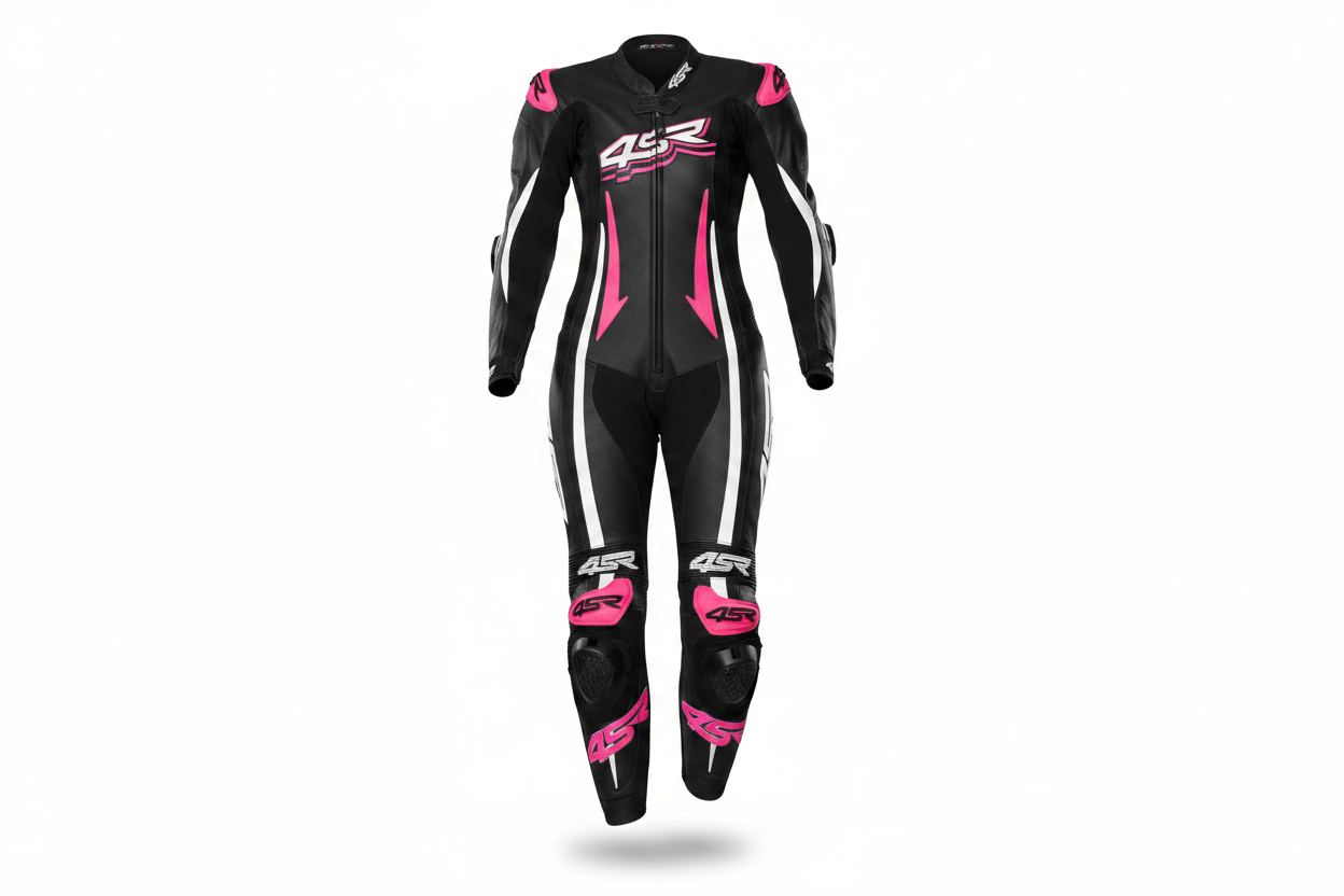 4SR Women's Black Pink White Leather Motorcycle Racing Suit Front View