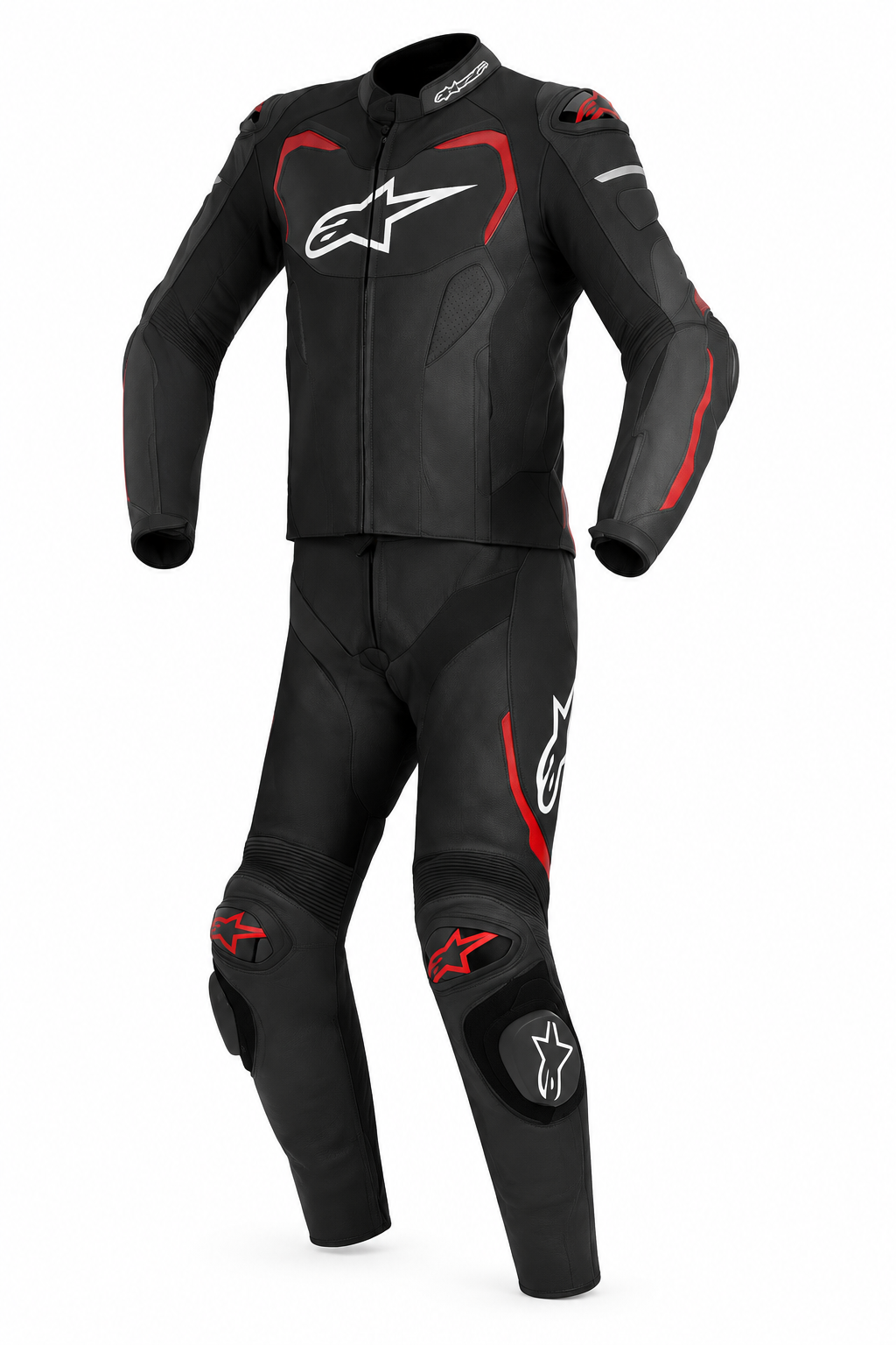 Black and charcoal one-piece motorcycle racing suit with red accents, white chest graphic, and contrasting knee details on a clean white background
