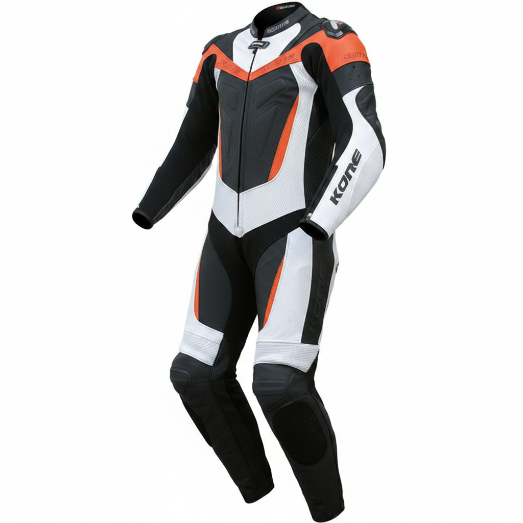 Komine Men's Leather Motorcycle Racing Suit - Black White Orange