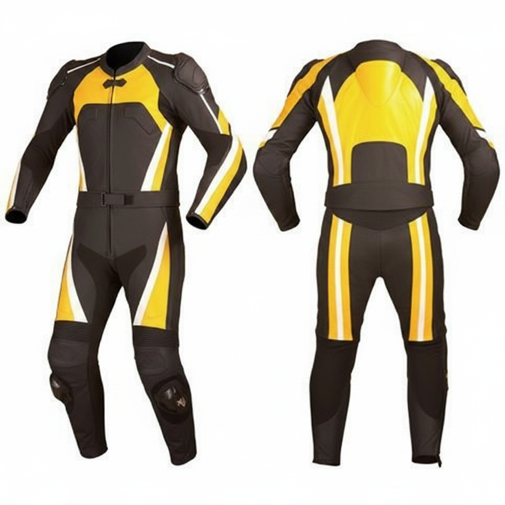Eagle Moto Thunder Pro Men's Leather Motorcycle Racing Suit - Black Yellow White Front Back View
