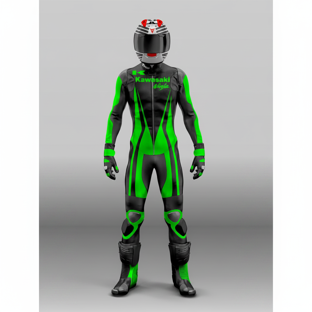 Kawasaki Ninja Men's Leather Motorcycle Racing Suit - Black Neon Green