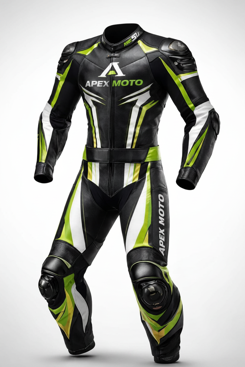 Apex Moto Men's Motorcycle Racing Leather Suit Black and Lime Green