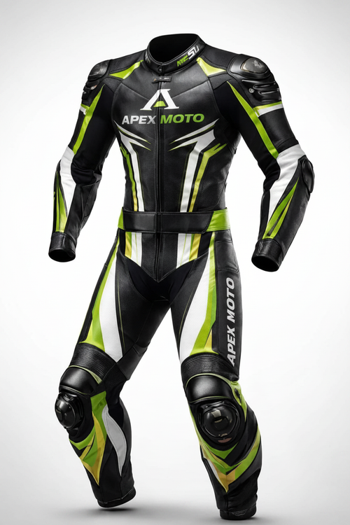 Apex Moto Men's Motorcycle Racing Leather Suit Black and Lime Green