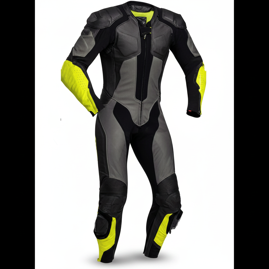 Eagle Moto Venom Pro Men's Leather Motorcycle Racing Suit - Black Grey Neon Yellow