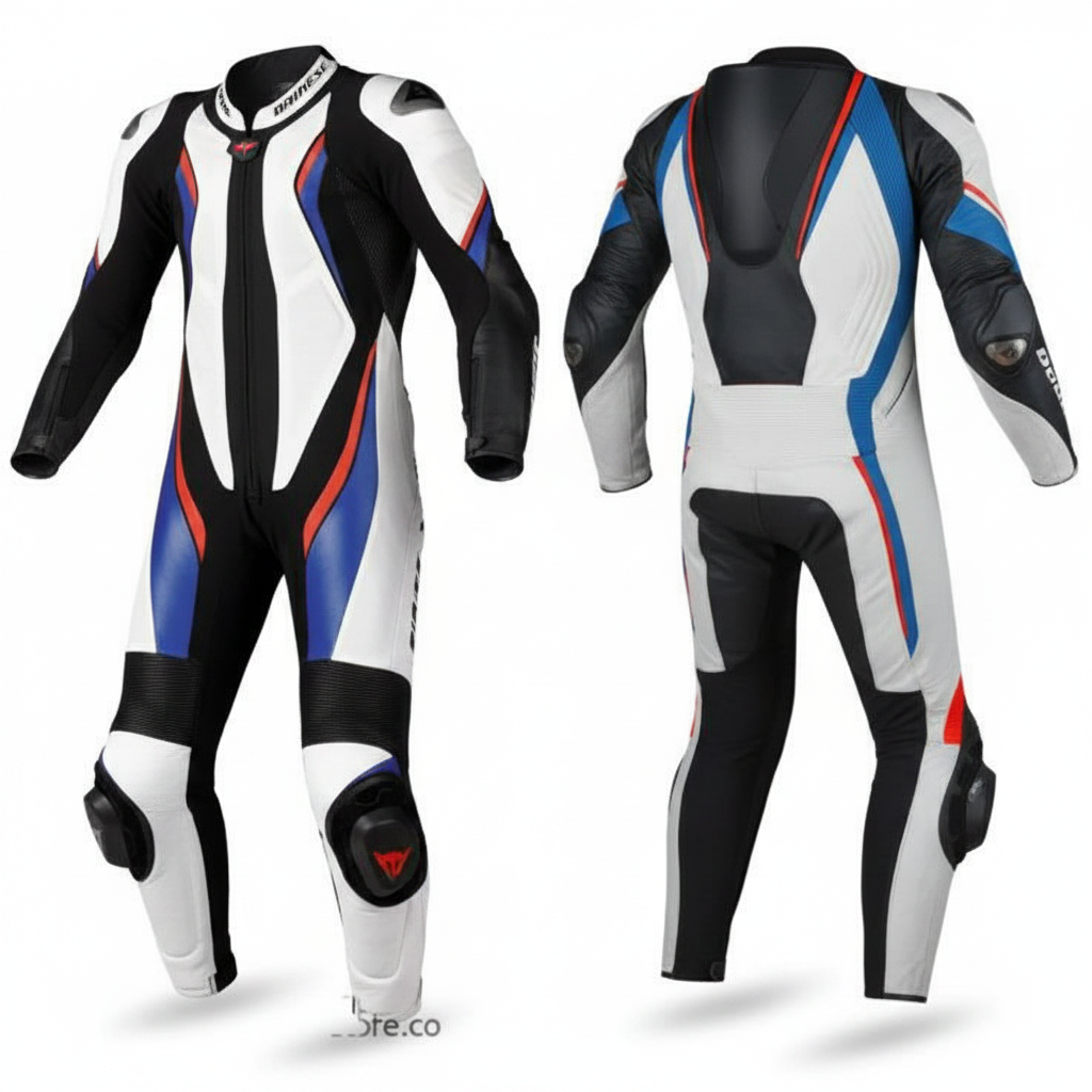 Dainese Men's Leather Motorcycle Racing Suit - White Blue Red Edition Front Back View