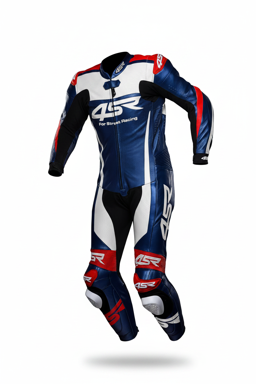 4SR For Street Racing Men's One-Piece Motorcycle Racing Leather Suit Navy Blue White Red
