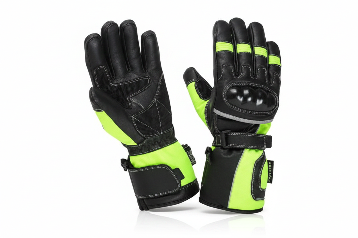 Nerve Motorcycle Winter Gloves Neon Green Black Hard Knuckle Waterproof Reflective Strip Pair